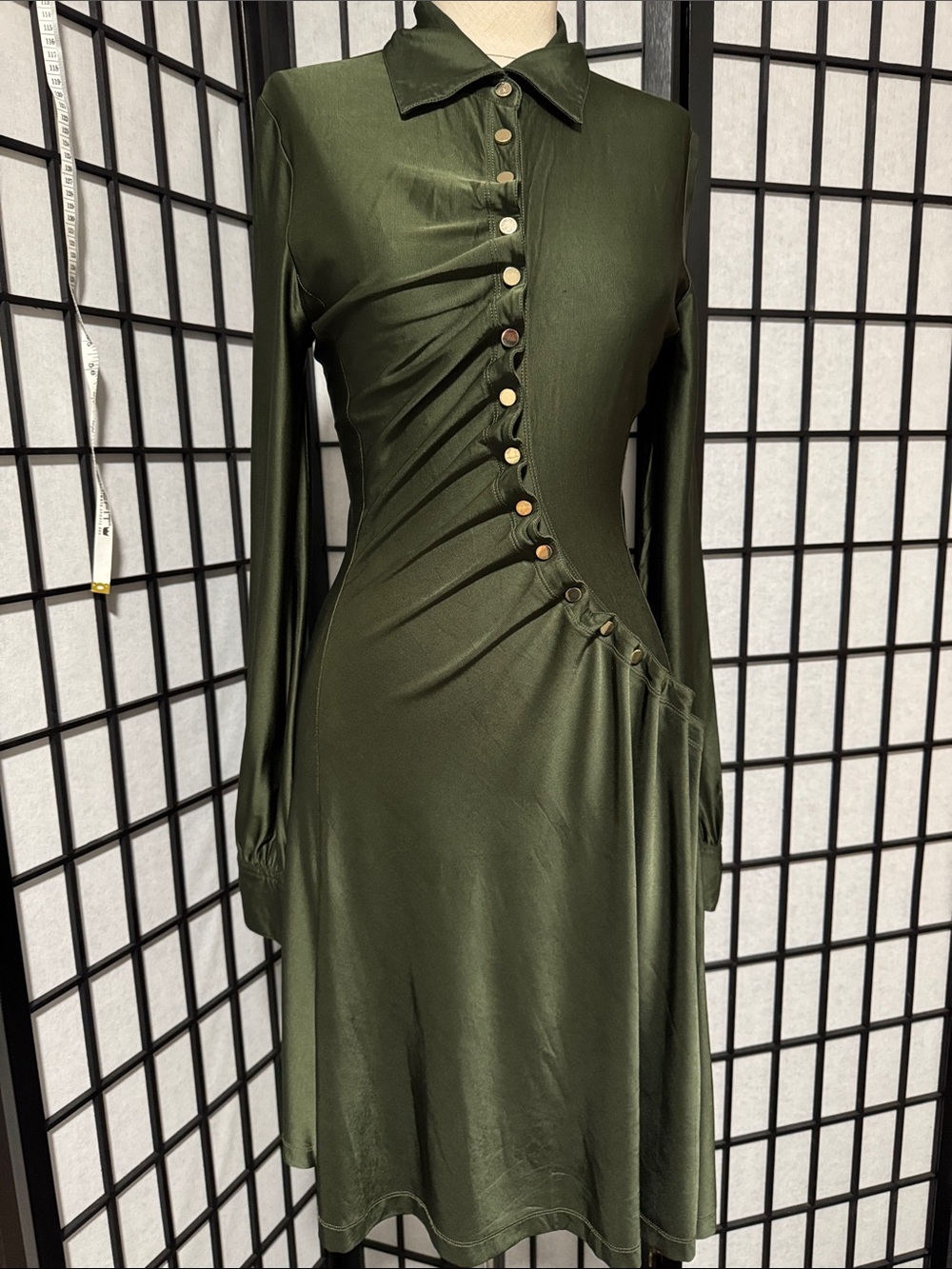 Rabanne Robe Asymmetrical Button Detail Dress – Olive Green – Size US 4 (FR 38) - Picture 9 of 17